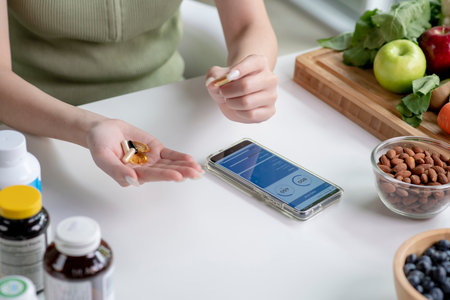 Woman professional nutritionist checking dietary supplements in hand, surrounded by a variety of...