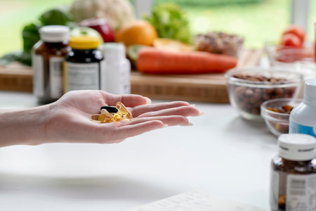 Woman professional nutritionist checking dietary supplements in hand, surrounded by a variety of fruits, nuts, vegetables, and dietary supplements on the tableの写真素材