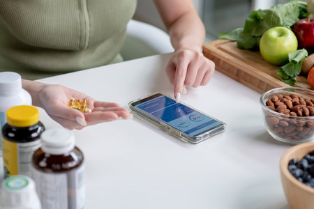 Woman professional nutritionist checking dietary supplements in hand, surrounded by a variety of fruits, nuts, vegetables, and dietary supplements on the tableの写真素材