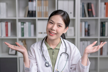 Portrait of smiling young Asian woman doctor show both hands open palms in medical office, smiling and looking at cameraの写真素材