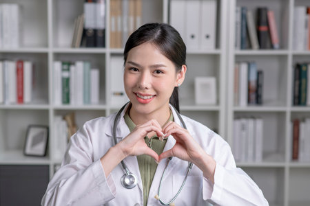 Portrait of smiling young Asian woman doctor makes a heart shape with her hands in medical office, looking at cameraの写真素材