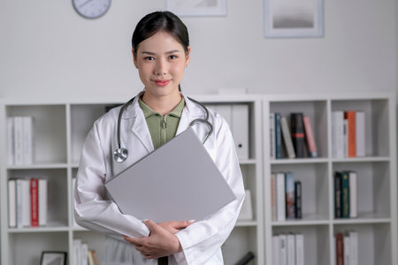 Portrait of beautiful smiling female Asian doctor standing in medical office. Health care concept, medical insurance, copy space.の写真素材