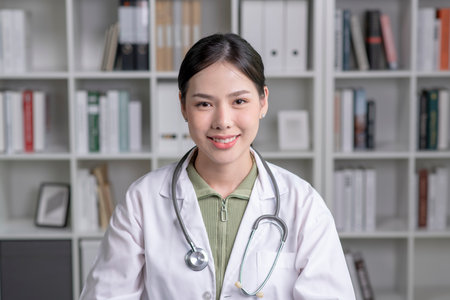 Portrait of beautiful smiling Asian female doctor looking at camera in medical office. Health care concept, medical insurance, copy space.の写真素材