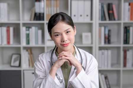 Portrait of beautiful smiling female Asian doctor in medical office. Health care concept, medical insurance, copy space.の写真素材