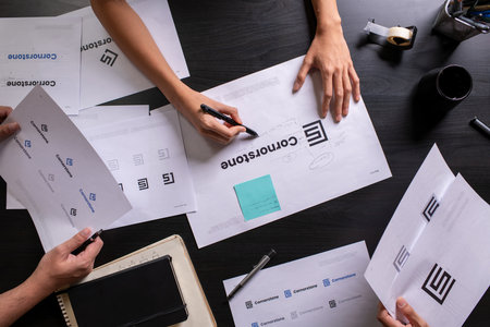 Close-up image hands of group designers woman and man Graphic designer working in office. Artist Creative Designer Illustrator Graphic Skill Concept.の写真素材