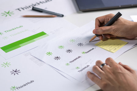 Male Asian graphic designer working in an office studio, designing logos and creating variations of...