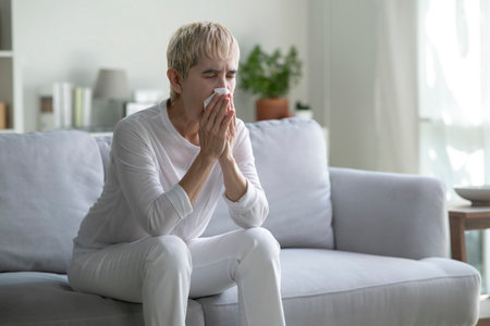 Middle-aged Asian woman sick with flu or cold sneezing into tissue sitting on sofa at home.の写真素材