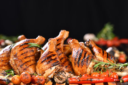 Grilled chicken legs, drumsticks and thighs on the hot flaming barbecue grill with smoke on dark background.の写真素材
