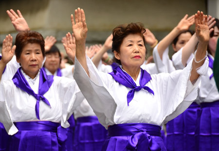Koya, Japan - June 14, 2011: Folk dancers in traditional clothes during Aoba festival, an annual event celebrating the birthday of Kobo Daishi (Kukai)のeditorial素材
