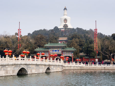 Beijing, China - March 8, 2015: Stone bridge with festive decorations in Beihai parkのeditorial素材