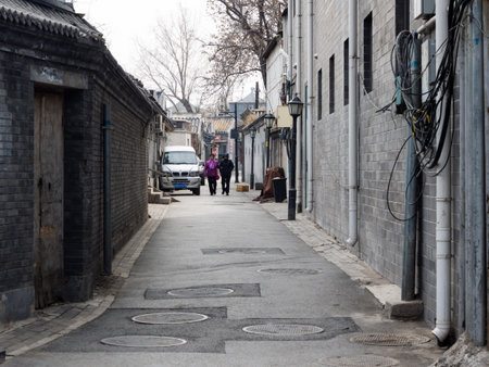 Beijing, China - March 8, 2015: Narrow street in Shichahai hutong areaのeditorial素材