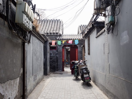 Beijing, China - March 8, 2015: Entrance to an old style residence in Shichahai hutong areaのeditorial素材
