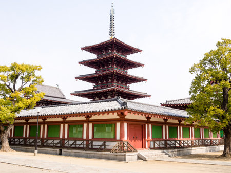 Buddhist temple with red pagoda - Shitennoji temple in Osaka, Japanのeditorial素材
