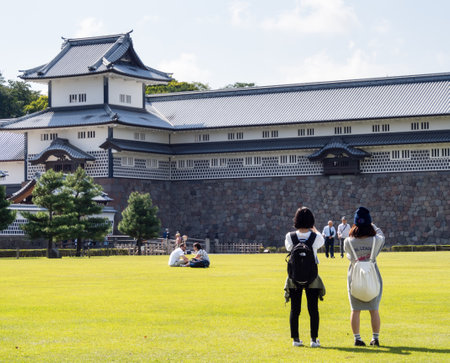 Kanazawa, Japan - September 28, 2015: Tourists taking pictures of historic Kanazawa castleのeditorial素材