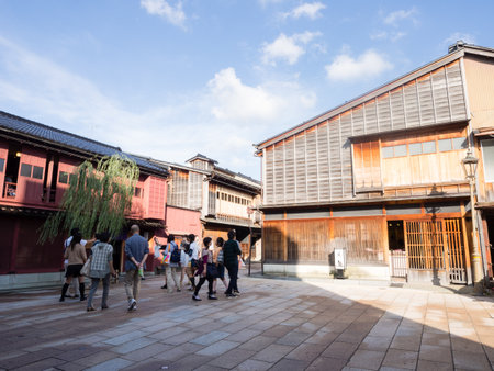 Kanazawa, Japan - September 28, 2015: Tourists strolling along the rows of traditional Japanese houses in Higashi Chaya old geisha districtのeditorial素材