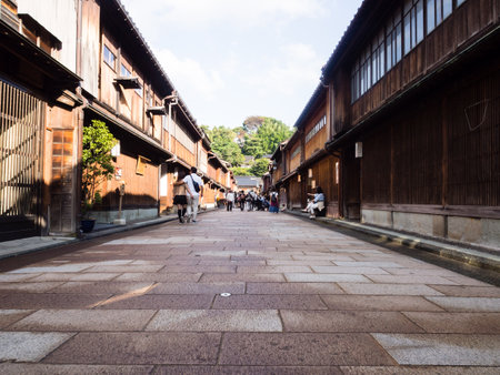 Kanazawa, Japan - September 28, 2015: Tourists strolling along the rows of traditional Japanese houses in Higashi Chaya old geisha districtのeditorial素材