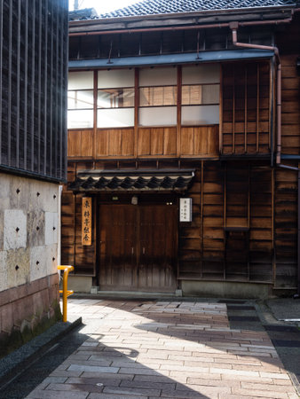 Traditional Japanese wooden houses in historic geisha district of Kanazawa, Japanのeditorial素材