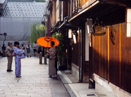 Kanazawa, Japan - September 28, 2015: Tourists taking pictures in Higashi Chaya old geisha districtのeditorial素材