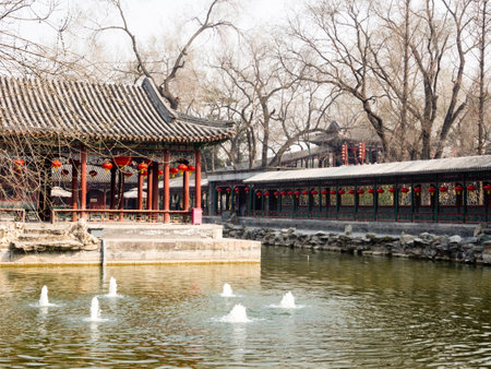 Classical Chinese garden with pond and pavilion in Prince Gong palace, Beijingのeditorial素材