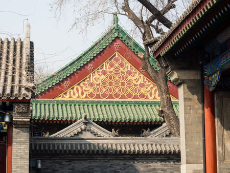 Roof of classical palace with ornament and green tile in Prince Gong mansion, Beijingのeditorial素材