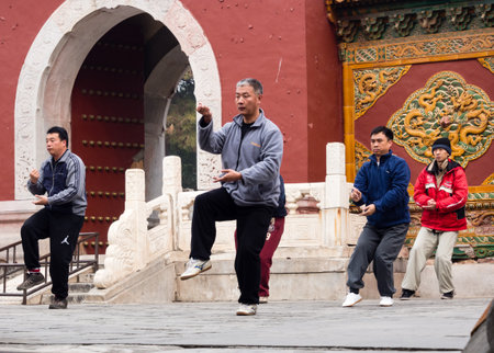 Beijing, China - March 8, 2015: People practicing Taijichuan in Beihai park on a weekendのeditorial素材