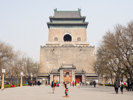 Beijing, China - March 26, 2015: People strolling on a street leading to Bell Towerのeditorial素材