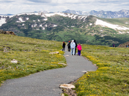 Rocky Mountain National Park, USA - July 14, 2015: Visitors hiking on trail along Trail Ridge roadのeditorial素材