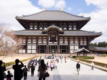 Nara, Japan - March 13, 2013: Tourists at the Hall of Big Buddha in Todaiji templeのeditorial素材