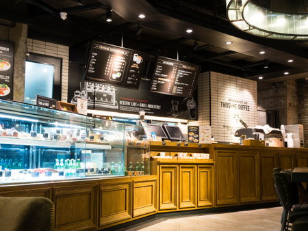 Shanghai, China - March 20, 2016: The interior of Twosome coffee cafe in Pudong with quiet atmosphereのeditorial素材