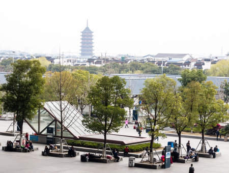 Suzhou, China - March 21, 2016: View of Suzhou old city from the high speed train stationのeditorial素材