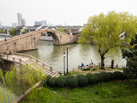 Suzhou, China - March 21, 2016: Water canals in historic Panmen gate areaのeditorial素材