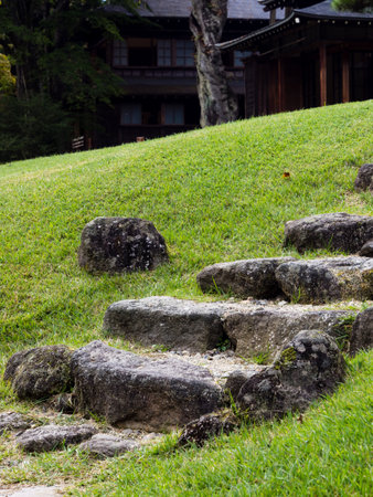 Nikko, Japan - October 23, 2016: Stone footsteps in Tamozawa Imperial Villa gardenのeditorial素材