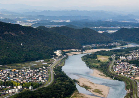 Gifu, Japan - October 3, 2015: Panoramic view of Nagara river flowing through Gifu city from the top of Gifu castle on Mount Kinkaのeditorial素材