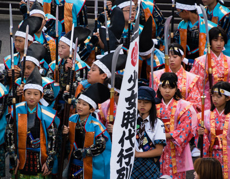 Gifu, Japan - October 4, 2015: Children wearing historical costumes during the 59th annual Nobunaga Festival paradeのeditorial素材