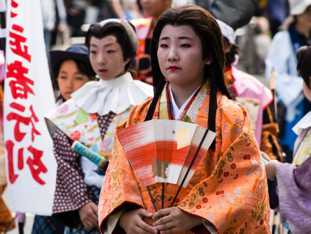 Gifu, Japan - October 4, 2015: Children wearing historical costumes during the 59th annual Nobunaga...