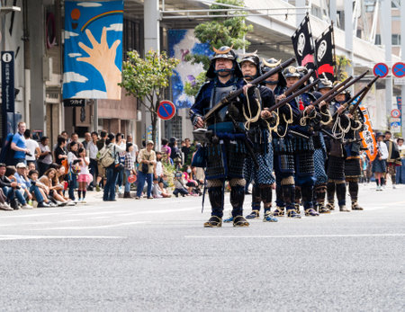 Gifu, Japan - October 4, 2015: Historical reenactment arquebus firearms squad during the 59th annual Nobunaga Festival paradeのeditorial素材