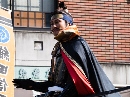 Gifu, Japan - October 4, 2015: Costumed character of famous warlord Oda Nobunaga during the 59th annual Nobunaga Festival paradeのeditorial素材