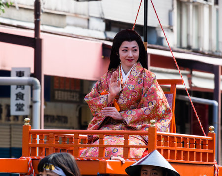 Gifu, Japan - October 4, 2015: Woman in traditional Japanese clothes during the 59th annual Nobunaga Festival historical reenactment paradeのeditorial素材