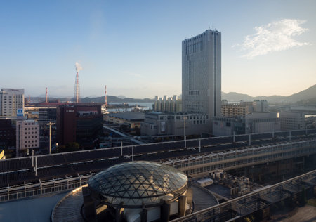 Kitakyushu, Japan - October 28, 2016: Industrial urban landscape around Kokura Japan Railways stationのeditorial素材