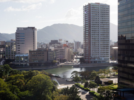 Kitakyushu, Japan - October 29, 2016: View of Kitakyushu city from the top floor of Kokura castleのeditorial素材