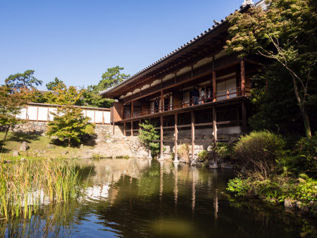 Kitakyushu, Japan - October 29, 2016: Traditional Japanese garden with teahouse and pond near Kokura castleのeditorial素材