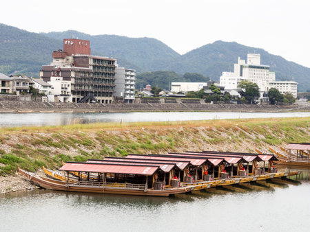 Gifu, Japan - October 5, 2015: Tourist boats on Nagara river, a sight of Nagara River Cormorant Fishing, wich takes place after darkのeditorial素材