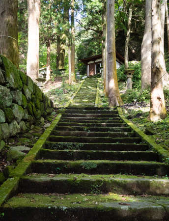 Stone steps leading to a mountain temple - at Iwatoji temple, Kunisaki peninsula, Japanの写真素材