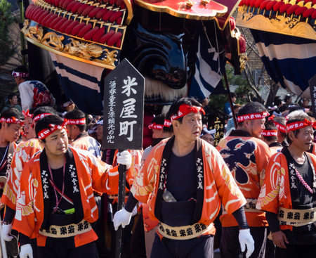 Karatsu, Japan - November 3, 2016: Japanese men in colorful traditional clothes at Karatsu Kunchi festivalのeditorial素材