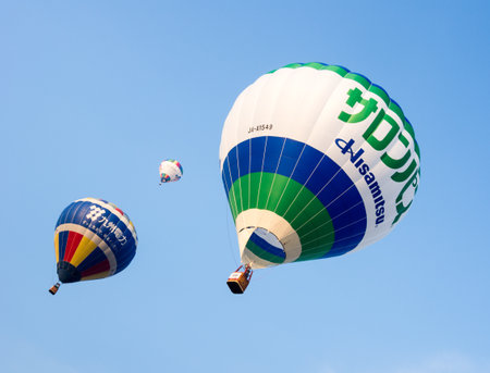 Saga, Japan - November 4, 2016: Colorful hot air balloons flying in the sky during Saga International Balloon Fiestaのeditorial素材