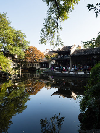 Suzhou, China - October 30, 2017: Evening at Lingering Garden, one of  the famous classical gardens of Suzhouのeditorial素材