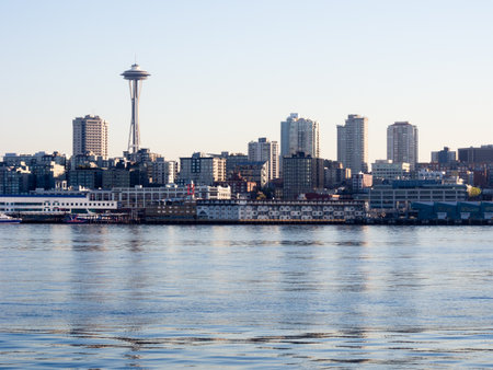 Seattle, WA, USA - April 1, 2016: View of Seattle waterfront from the sea at sunsetのeditorial素材