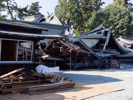 Aso, Japan - November 5, 2016: Buildings collapsed in heavily damaged Aso shrine after 2016 Kumamoto earthquakesのeditorial素材