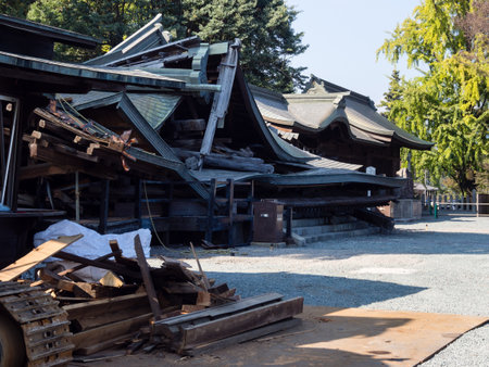 Aso, Japan - November 5, 2016: Buildings collapsed in heavily damaged Aso shrine after 2016 Kumamoto earthquakesのeditorial素材