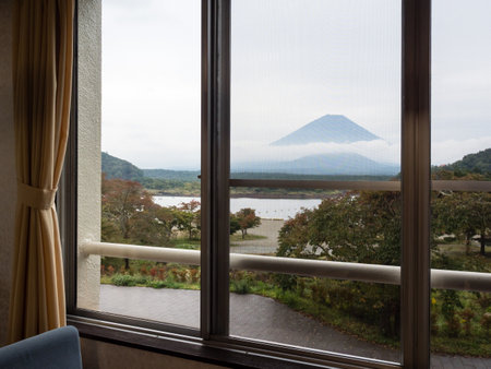 Fujikawaguchiko, Japan - October 17, 2017: View of Lake Shoji and Mount Fuji from the room of Yamadaya Hotelのeditorial素材